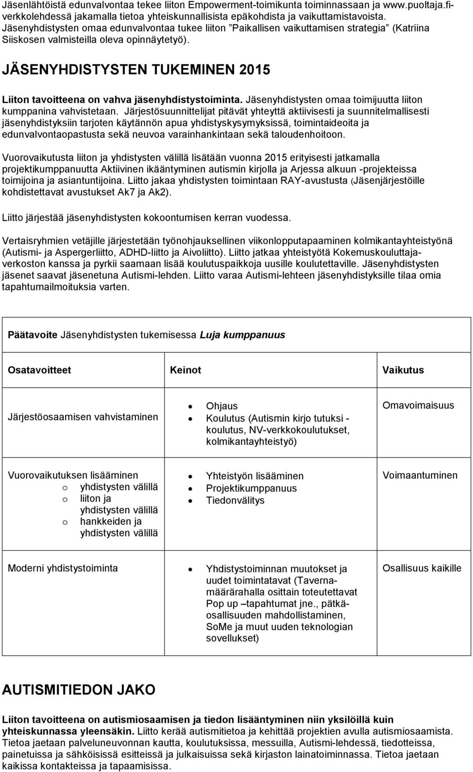 JÄSENYHDISTYSTEN TUKEMINEN 2015 Liiton tavoitteena on vahva jäsenyhdistystoiminta. Jäsenyhdistysten omaa toimijuutta liiton kumppanina vahvistetaan.