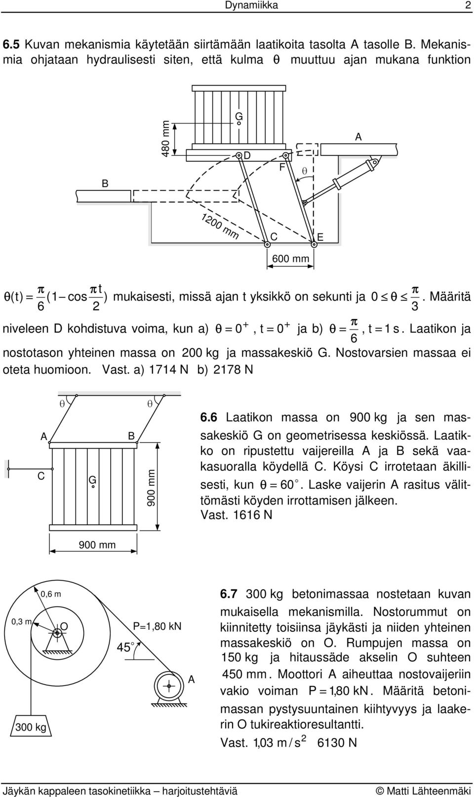 Määritä 6 3 + + π niveleen khdistuv vim, kun ) = 0, t = 0 j b) =, t = 1 s. Ltikn j 6 nsttsn yhteinen mss n 00 kg j msskeskiö. Nstvrsien mss ei tet humin. Vst. ) 1714 N b) 178 N 900 mm 6.