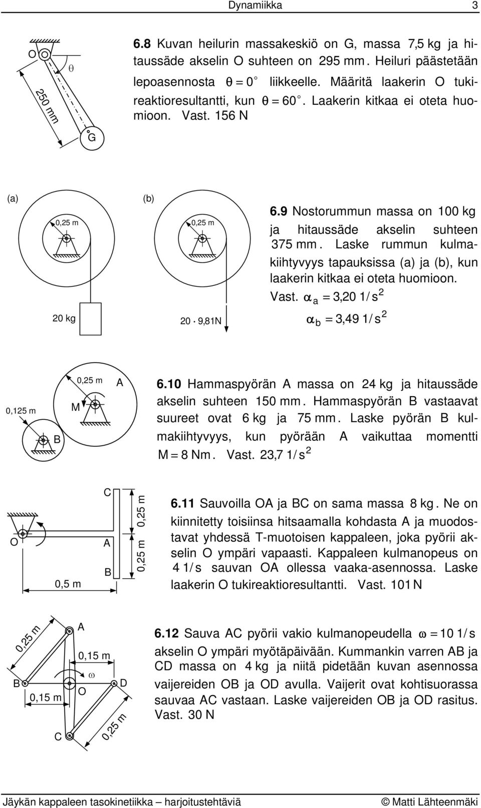 Lske rummun kulmkiihtyvyys tpuksiss () j (b), kun lkerin kitk ei tet humin. Vst. α α b = 3,0 1/ s = 3,49 1/ s 0,15 m M 0,5 m 6.10 Hmmspyörän mss n 4 kg j hitussäde kselin suhteen 150 mm.