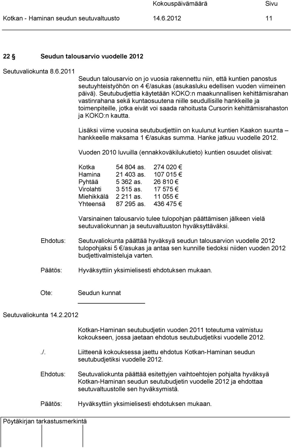 kehittämisrahaston ja KOKO:n kautta. Lisäksi viime vuosina seutubudjettiin on kuulunut kuntien Kaakon suunta hankkeelle maksama 1 /asukas summa. Hanke jatkuu vuodelle 2012.