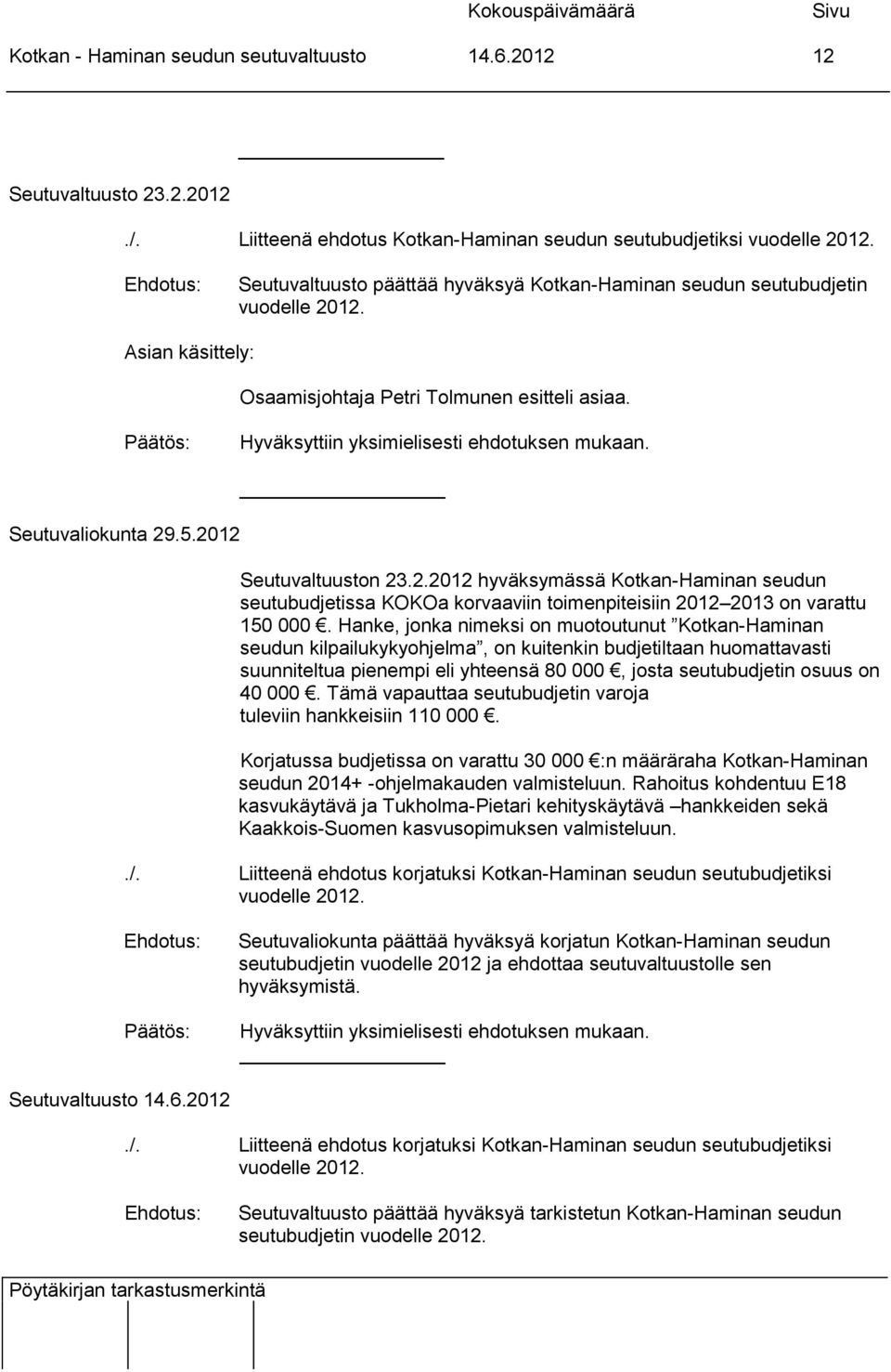 Hanke, jonka nimeksi on muotoutunut Kotkan-Haminan seudun kilpailukykyohjelma, on kuitenkin budjetiltaan huomattavasti suunniteltua pienempi eli yhteensä 80 000, josta seutubudjetin osuus on 40 000.