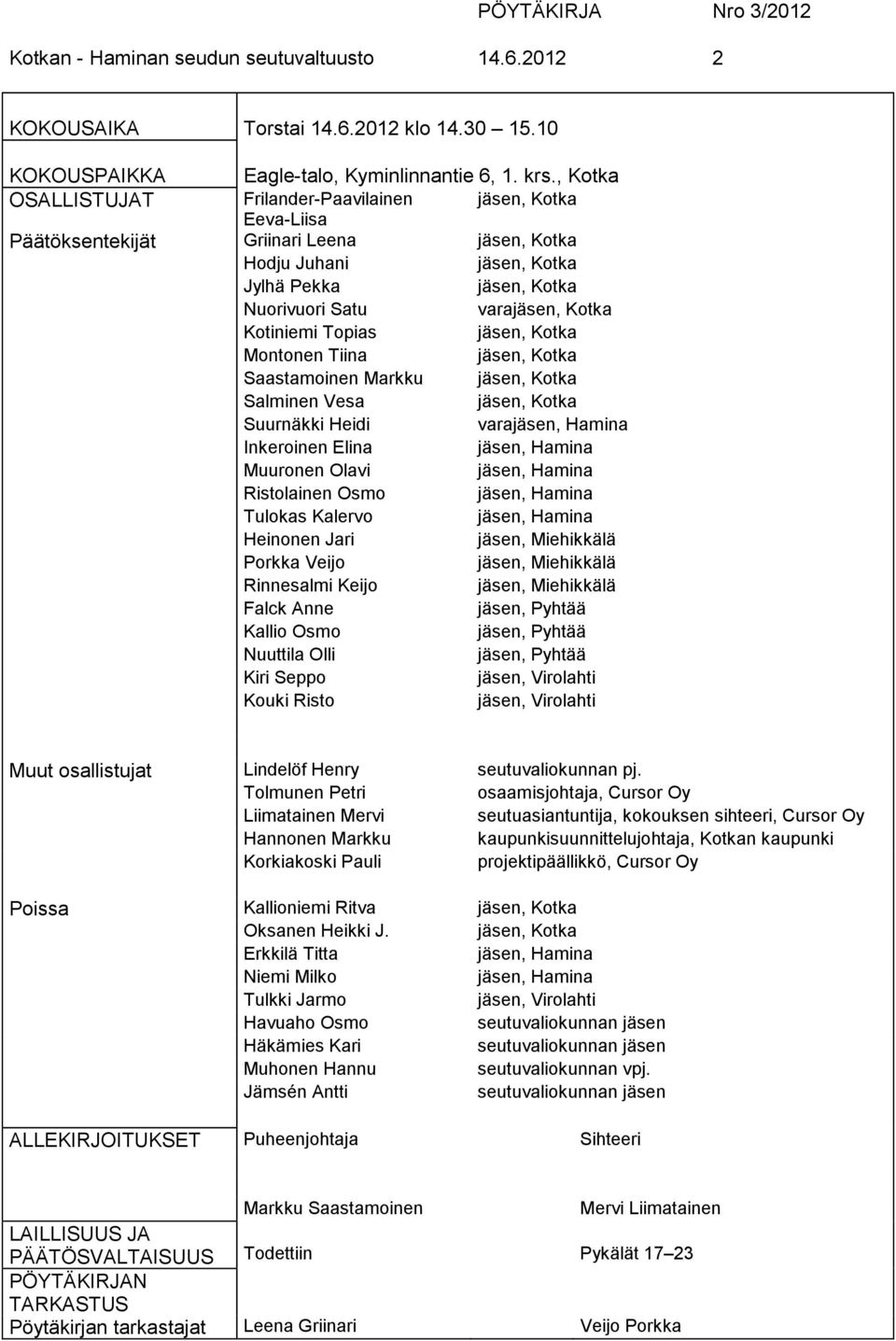 Kotiniemi Topias jäsen, Kotka Montonen Tiina jäsen, Kotka Saastamoinen Markku jäsen, Kotka Salminen Vesa jäsen, Kotka Suurnäkki Heidi varajäsen, Hamina Inkeroinen Elina jäsen, Hamina Muuronen Olavi