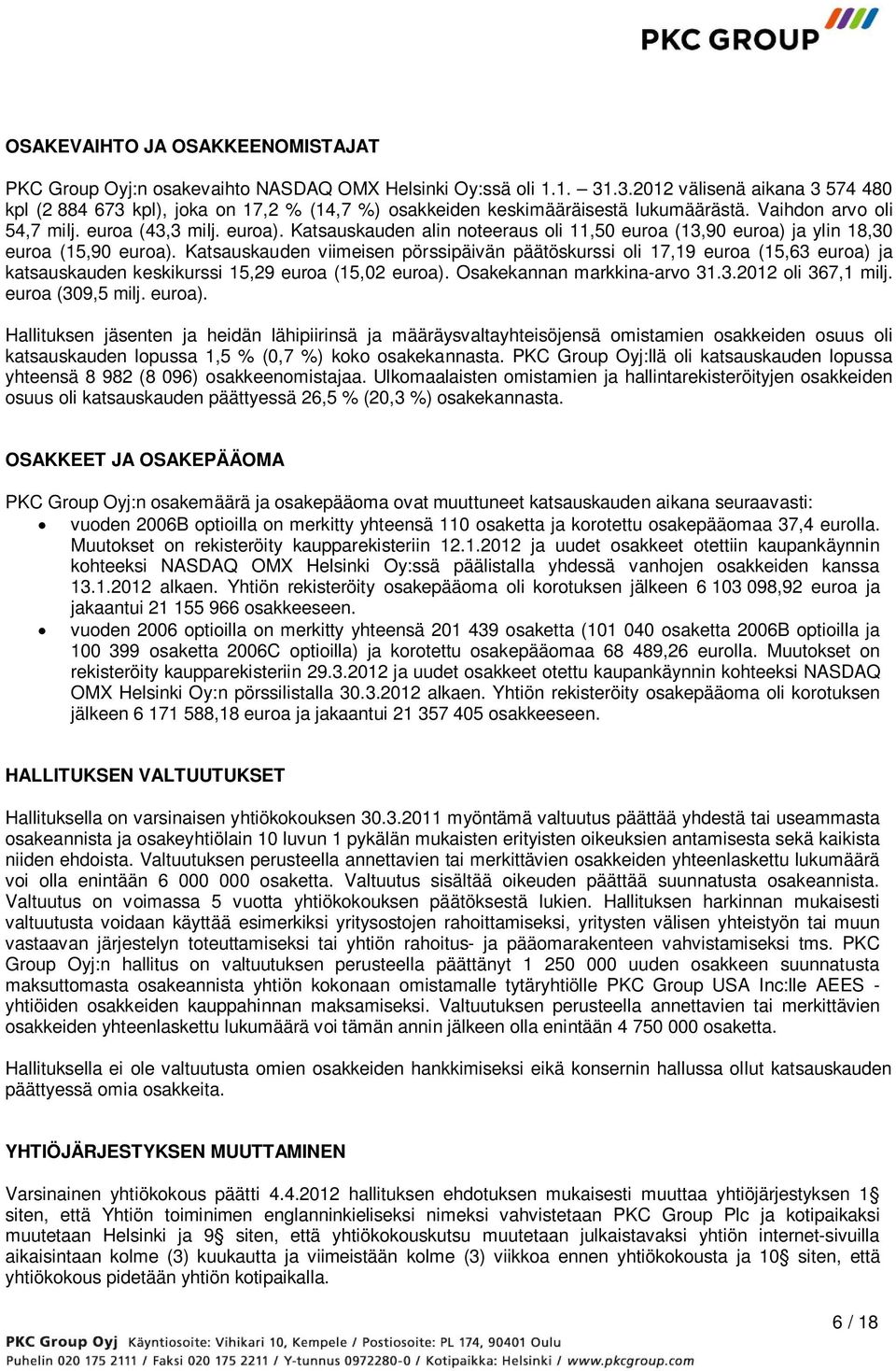 Katsauskauden alin noteeraus oli 11,50 euroa (13,90 euroa) ja ylin 18,30 euroa (15,90 euroa).