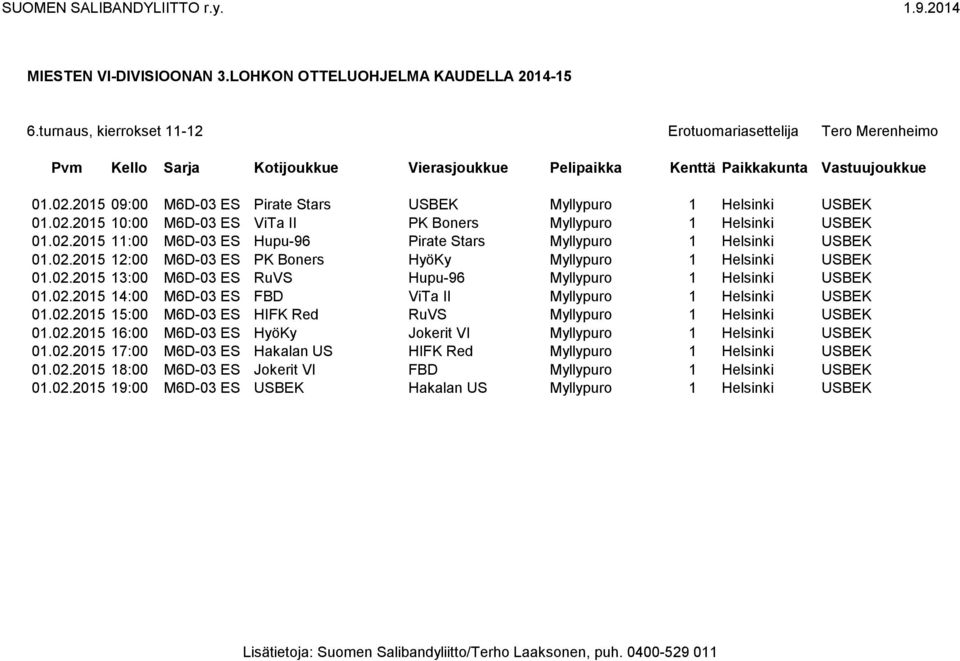 02.2015 14:00 M6D-03 ES FBD ViTa II Myllypuro 1 Helsinki USBEK 01.02.2015 15:00 M6D-03 ES HIFK Red RuVS Myllypuro 1 Helsinki USBEK 01.02.2015 16:00 M6D-03 ES HyöKy Jokerit VI Myllypuro 1 Helsinki USBEK 01.