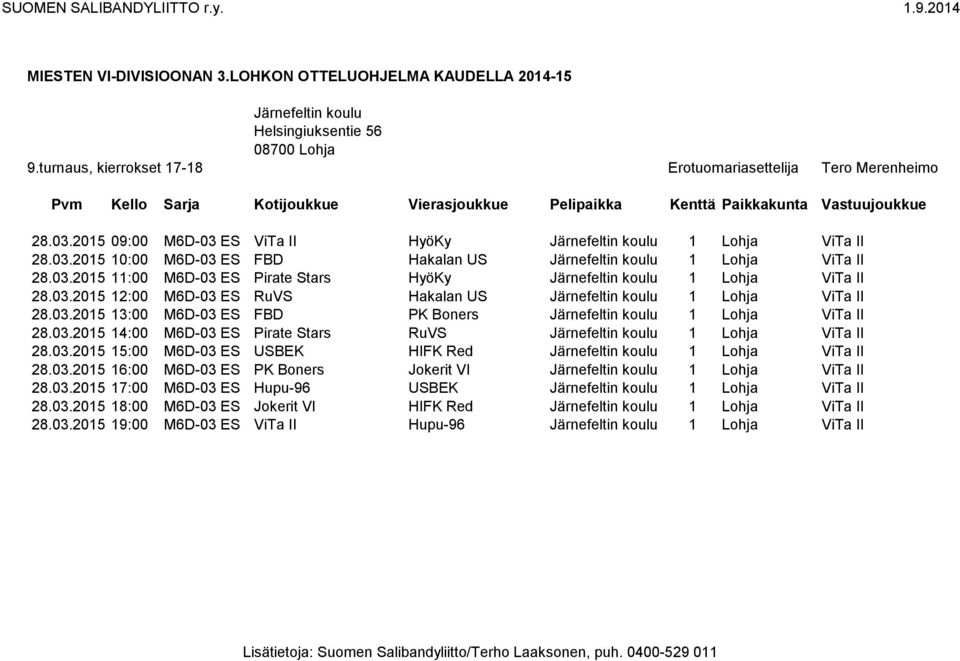 03.2015 14:00 M6D-03 ES Pirate Stars RuVS Järnefeltin koulu 1 Lohja ViTa II 28.03.2015 15:00 M6D-03 ES USBEK HIFK Red Järnefeltin koulu 1 Lohja ViTa II 28.03.2015 16:00 M6D-03 ES PK Boners Jokerit VI Järnefeltin koulu 1 Lohja ViTa II 28.