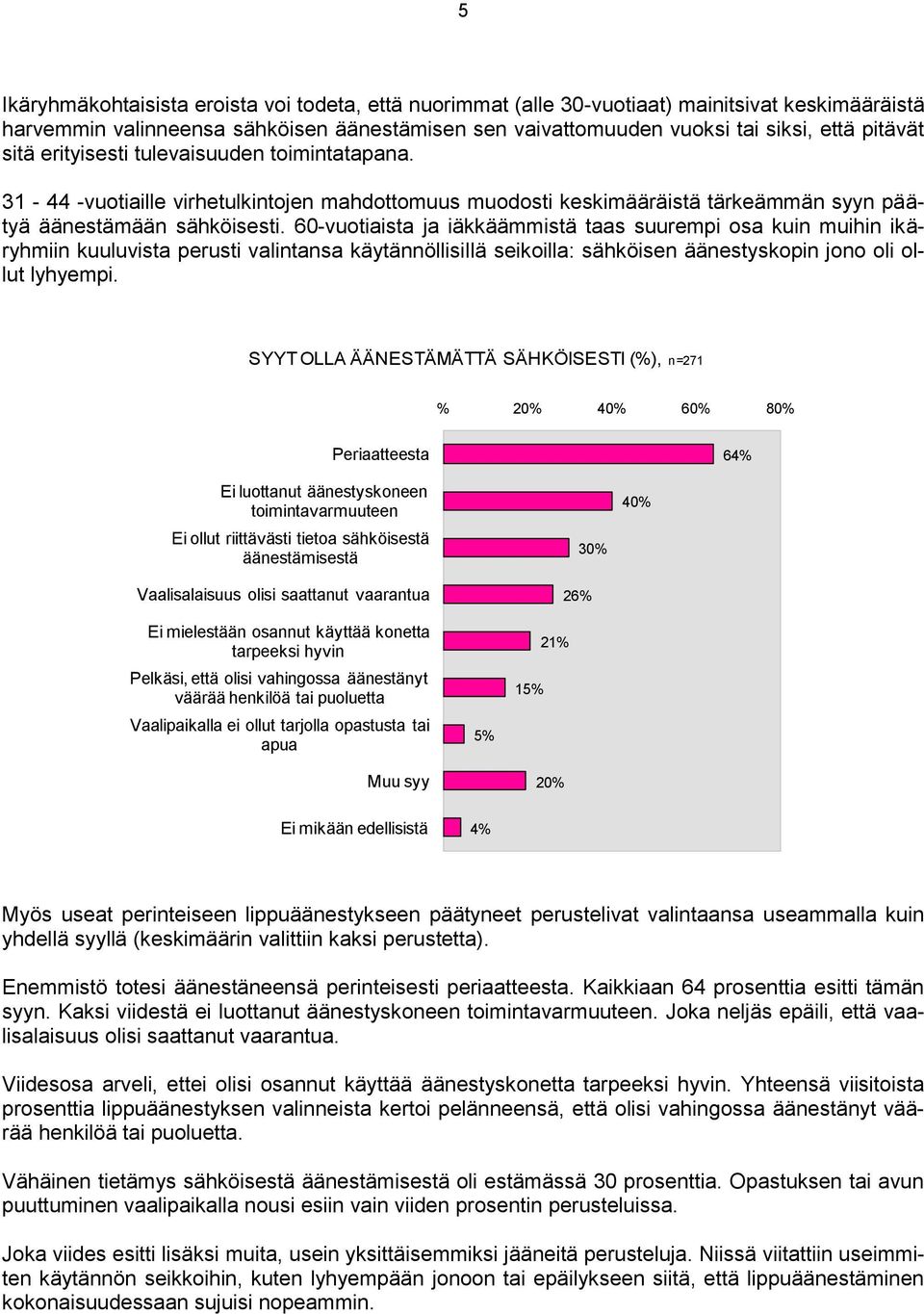 60-vuotiaista ja iäkkäämmistä taas suurempi osa kuin muihin ikäryhmiin kuuluvista perusti valintansa käytännöllisillä seikoilla: sähköisen äänestyskopin jono oli ollut lyhyempi.