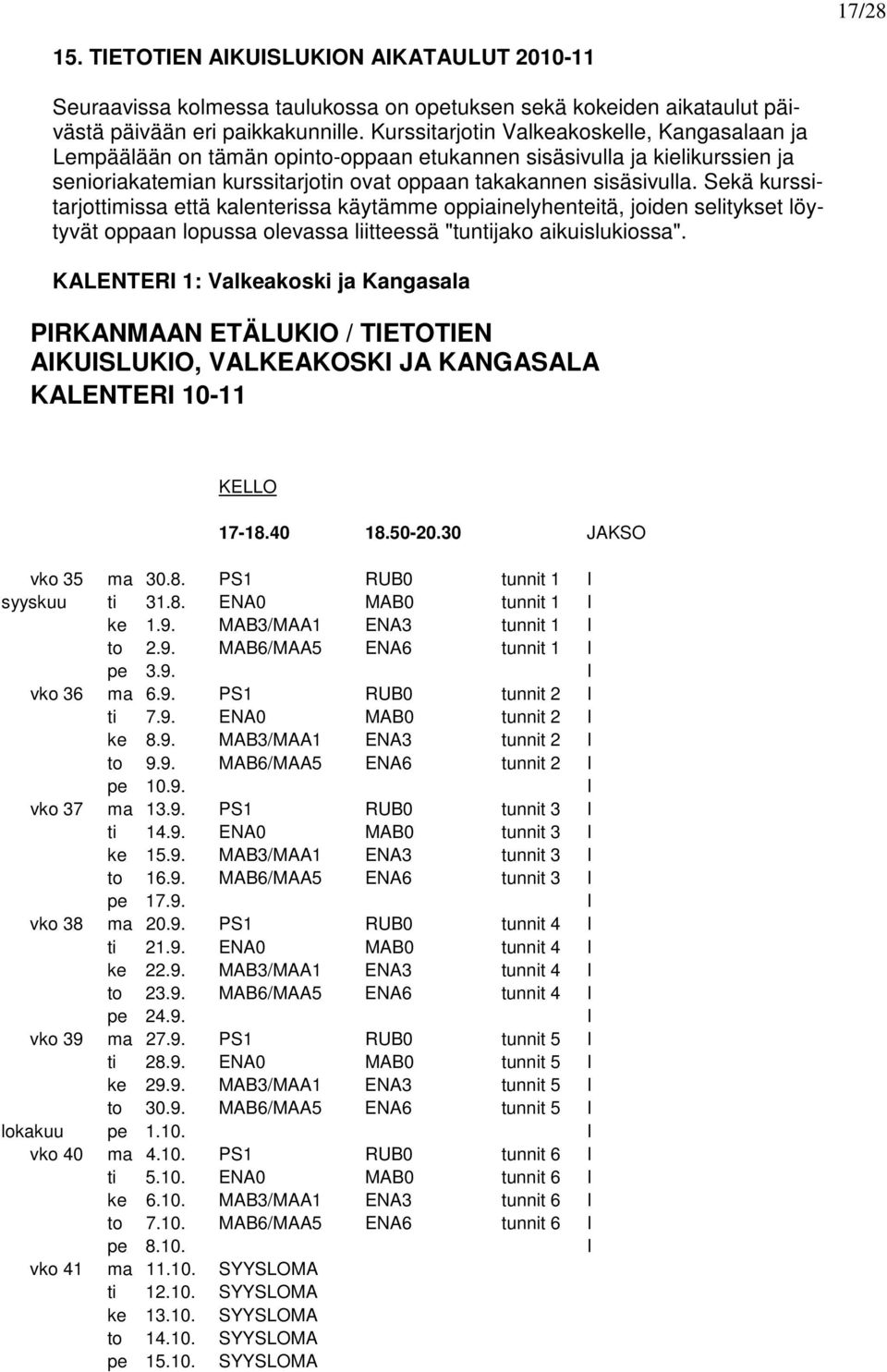 Sekä kurssitarjottimissa että kalenterissa käytämme oppiainelyhenteitä, joiden selitykset löytyvät oppaan lopussa olevassa liitteessä "tuntijako aikuislukiossa".