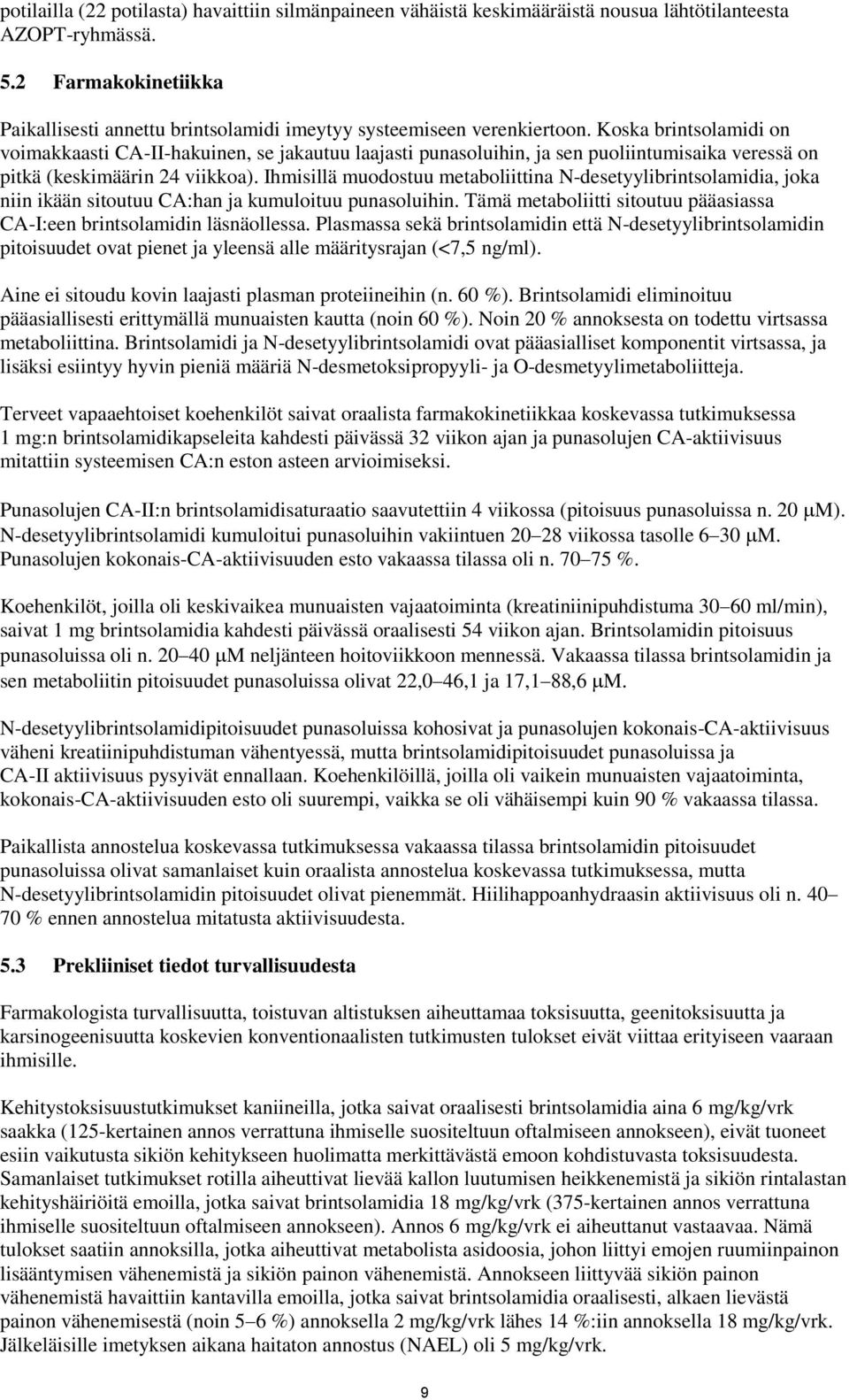 Koska brintsolamidi on voimakkaasti CA-II-hakuinen, se jakautuu laajasti punasoluihin, ja sen puoliintumisaika veressä on pitkä (keskimäärin 24 viikkoa).