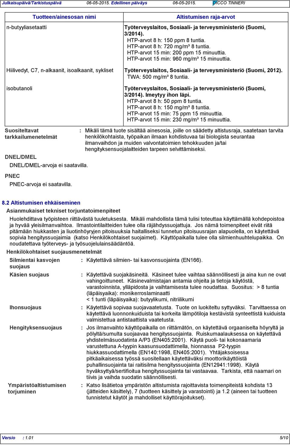 TWA 500 mg/m³ 8 tuntia. isobutanoli Työterveyslaitos, Sosiaali- ja terveysministeriö (Suomi, 3/2014). Imeytyy ihon läpi. HTP-arvot 8 h 50 ppm 8 tuntia. HTP-arvot 8 h 150 mg/m³ 8 tuntia.