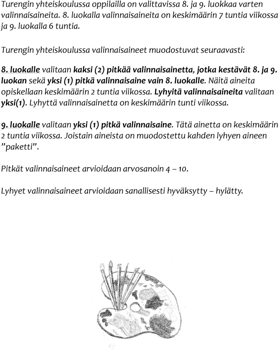 luokalle. Näitä aineita opiskellaan keskimäärin 2 tuntia viikossa. Lyhyitä valinnaisaineita valitaan yksi(1). Lyhyttä valinnaisainetta on keskimäärin tunti viikossa. 9.