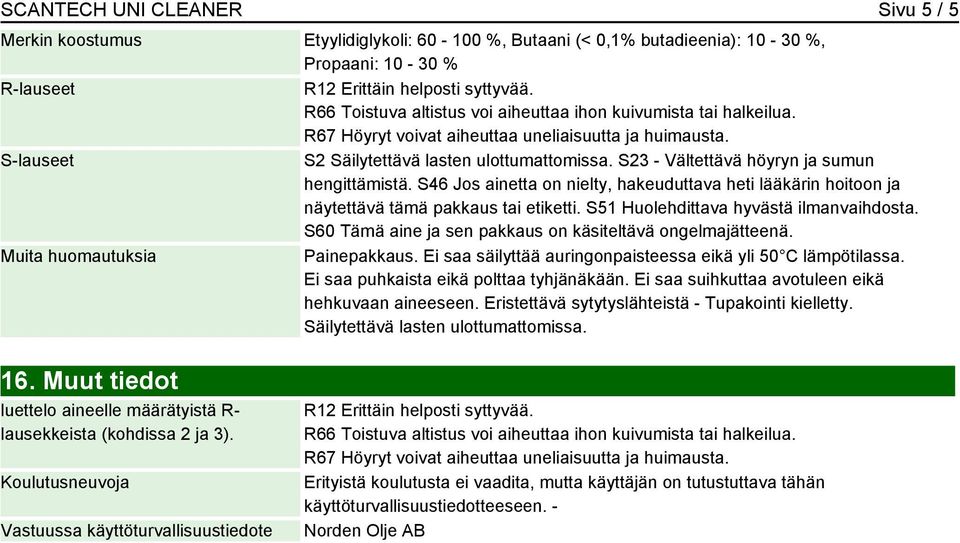 S23 - Vältettävä höyryn ja sumun hengittämistä. S46 Jos ainetta on nielty, hakeuduttava heti lääkärin hoitoon ja näytettävä tämä pakkaus tai etiketti. S51 Huolehdittava hyvästä ilmanvaihdosta.