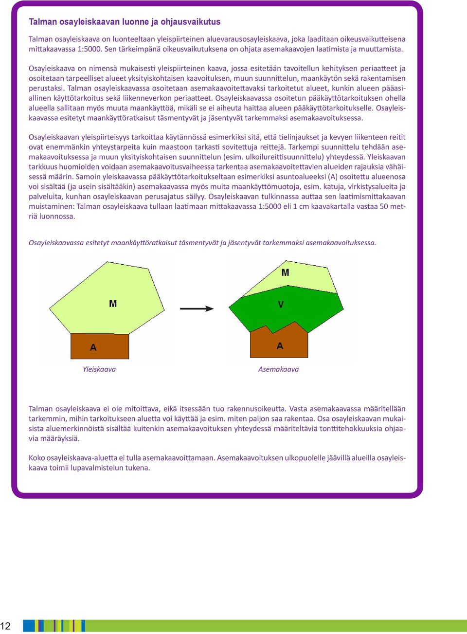 Osayleiskaava on nimensä mukaisesti yleispiirteinen kaava, jossa esitetään tavoitellun kehityksen periaatteet ja osoitetaan tarpeelliset alueet yksityiskohtaisen kaavoituksen, muun suunnittelun,