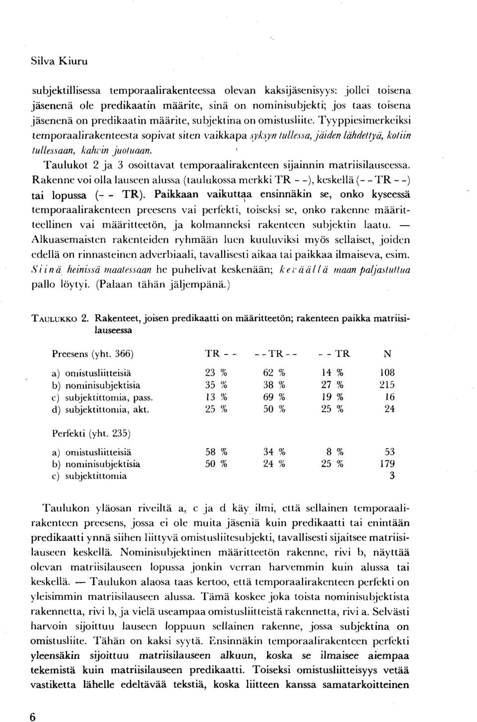 Taulukot 2 ja 3 osoittavat temporaalirakenteen sijainnin matriisilauseessa. Rakenne voi olla lauseen alussa (taulukossa merkki TR ), keskellä (- - TR - -) tai lopussa ( TR).