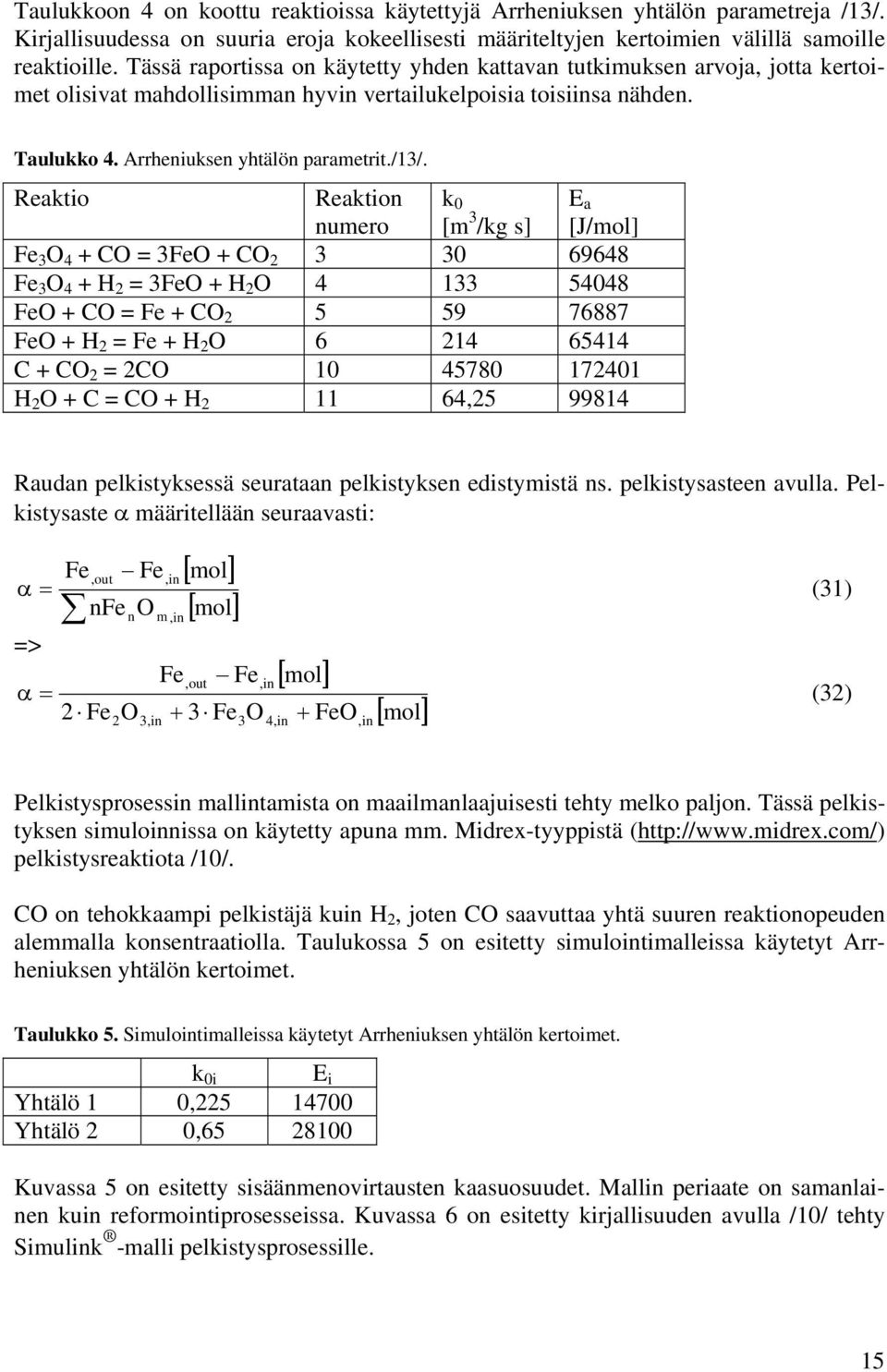 Reaktio Reaktion numero k [m 3 /kg s] E a [J/mol] e 3 O 4 + = 3eO + 3 3 69648 e 3 O 4 + H = 3eO + H O 4 33 5448 eo + = e + 5 59 76887 eo + H = e + H O 6 4 6544 C + = 4578 74 H O + C = + H 64,5 9984