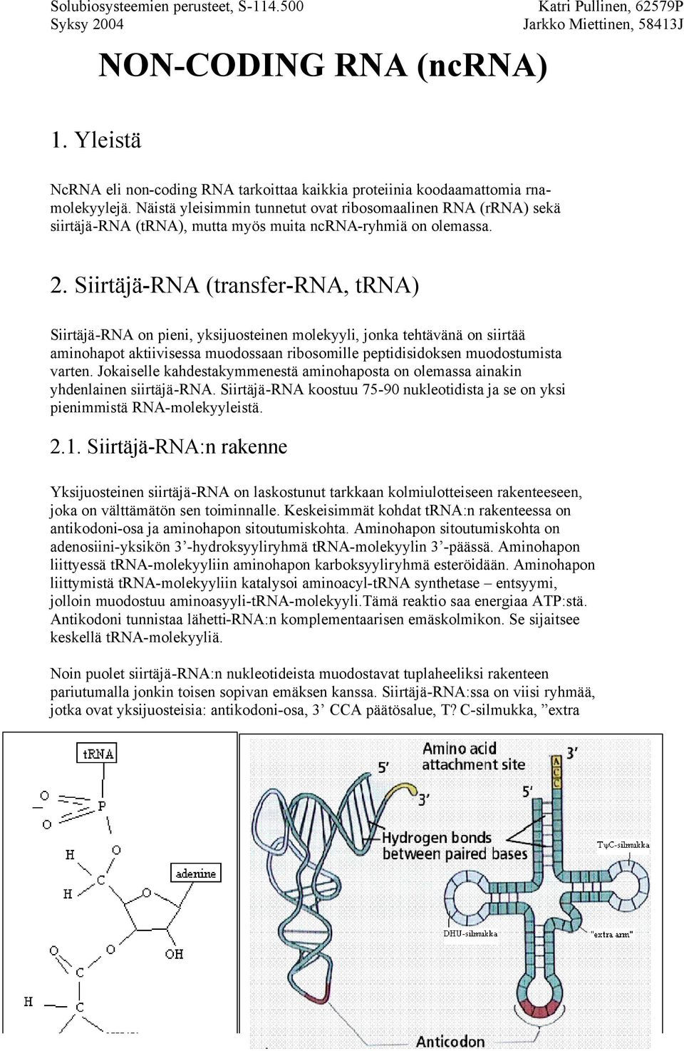 Siirtäjä-RNA (transfer-rna, trna) Siirtäjä-RNA on pieni, yksijuosteinen molekyyli, jonka tehtävänä on siirtää aminohapot aktiivisessa muodossaan ribosomille peptidisidoksen muodostumista varten.