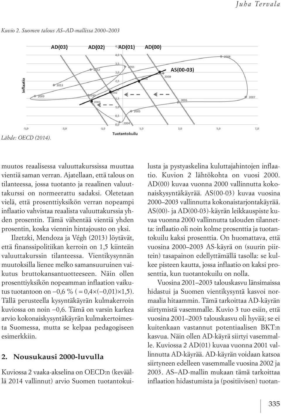 Oletetaan vielä, että prosenttiyksikön verran nopeampi inflaatio vahvistaa reaalista valuuttakurssia yhden prosentin. Tämä vähentää vientiä yhden prosentin, koska viennin hintajousto on yksi.