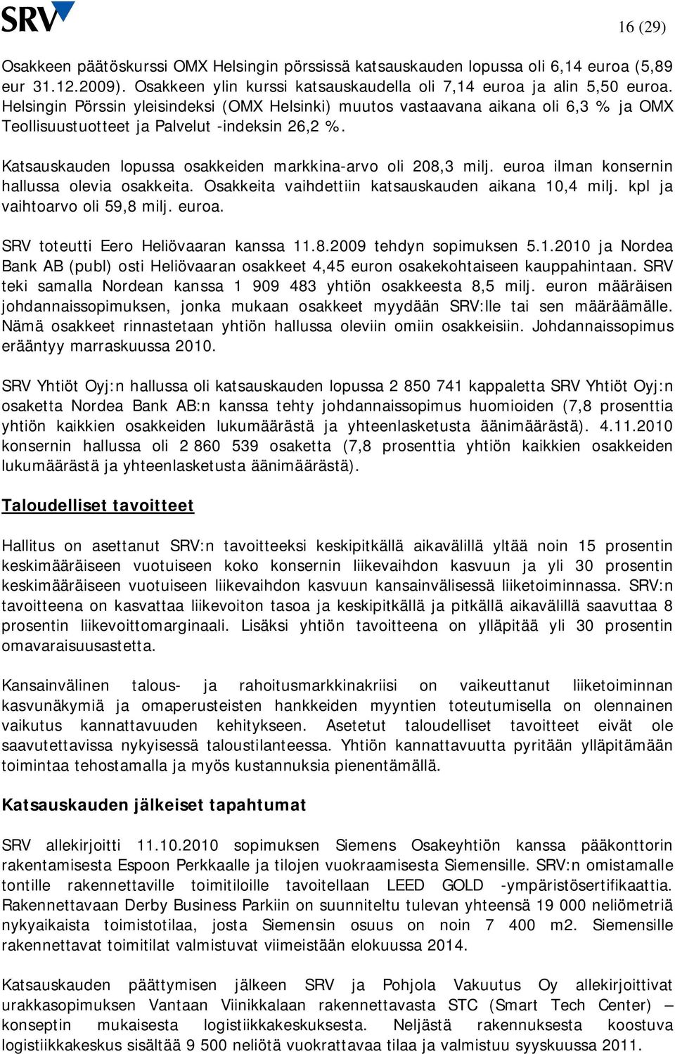 euroa ilman konsernin hallussa olevia osakkeita. Osakkeita vaihdettiin katsauskauden aikana 10,4 milj. kpl ja vaihtoarvo oli 59,8 milj. euroa. SRV toteutti Eero Heliövaaran kanssa 11.8. tehdyn sopimuksen 5.