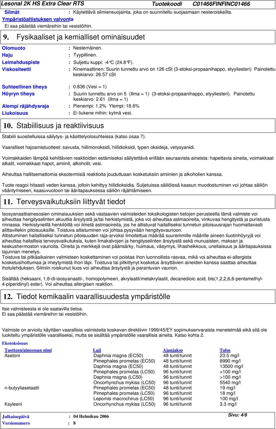 Kinemaattinen Suurin tunnettu arvo on 126 cst (3-etoksi-propaanihappo, etyyliesteri) Painotettu keskiarvo 26.57 cst Suhteellinen tiheys 0.