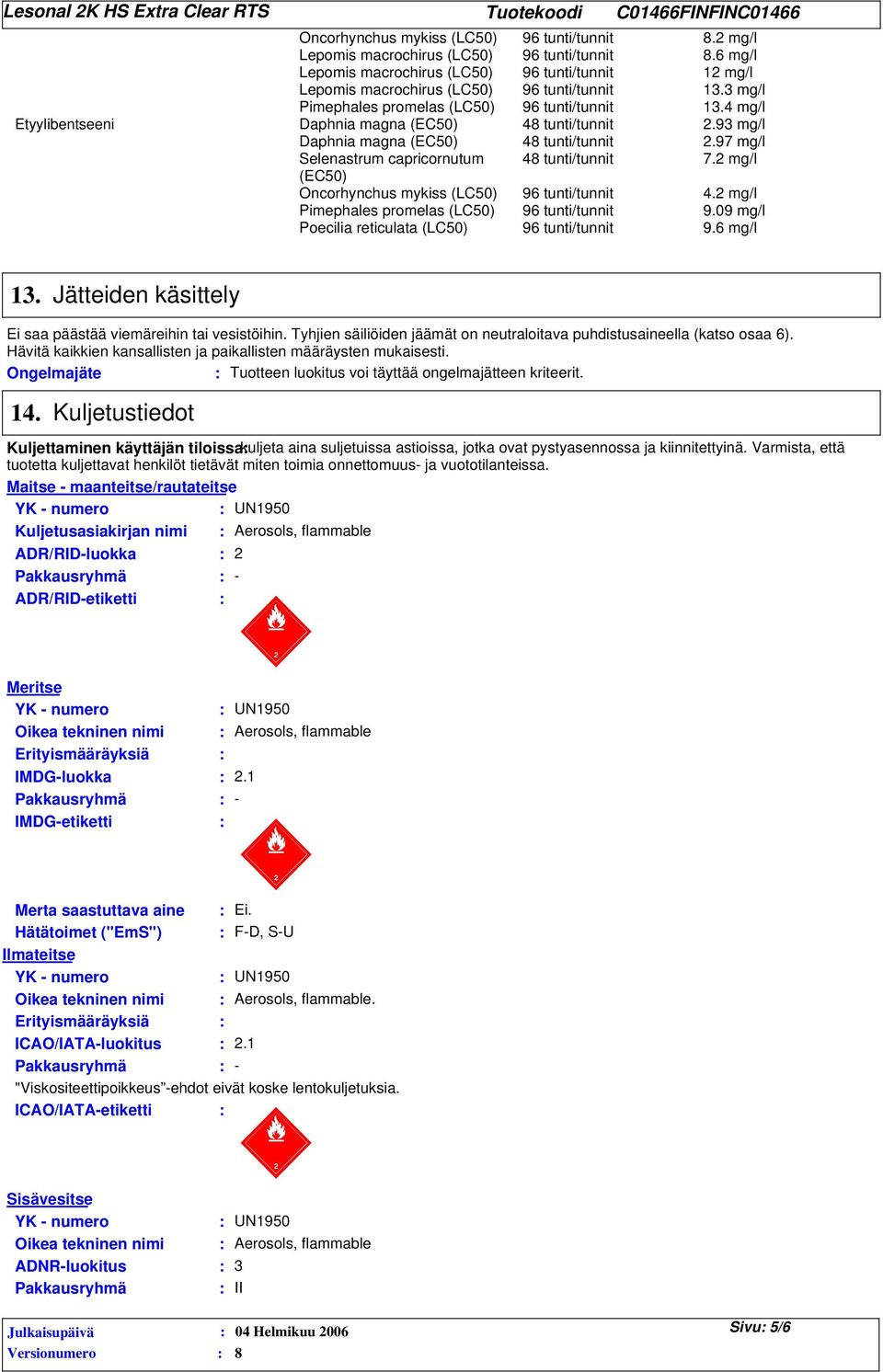 Jätteiden käsittely Ei saa päästää viemäreihin tai vesistöihin. Tyhjien säiliöiden jäämät on neutraloitava puhdistusaineella (katso osaa 6).