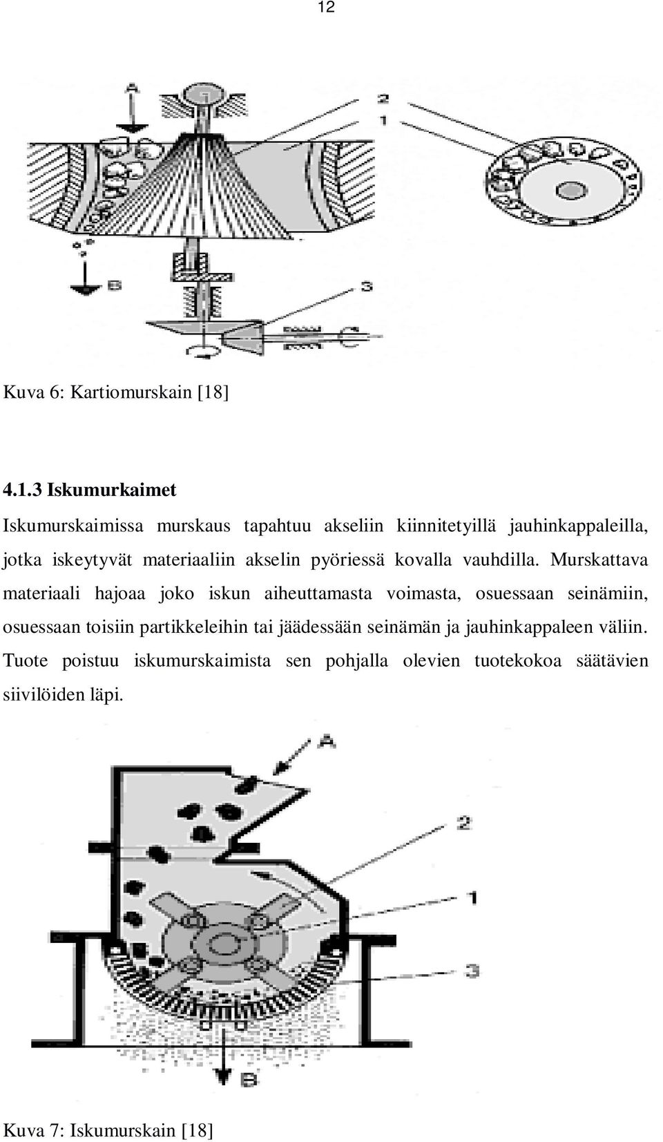 Murskattava materiaali hajoaa joko iskun aiheuttamasta voimasta, osuessaan seinämiin, osuessaan toisiin partikkeleihin