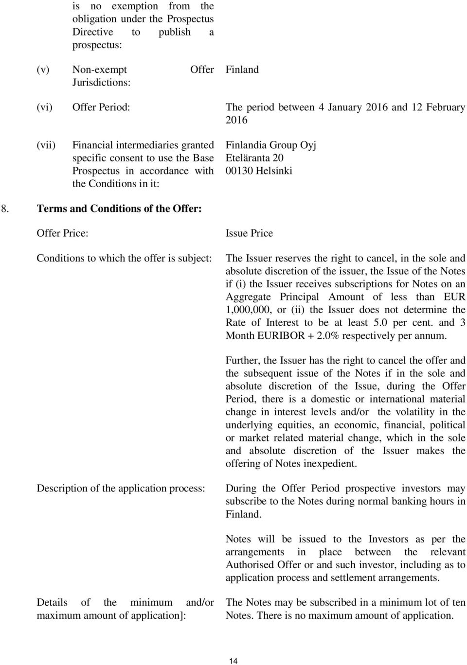 Terms and Conditions of the Offer: Offer Price: Conditions to which the offer is subject: Issue Price The Issuer reserves the right to cancel, in the sole and absolute discretion of the issuer, the