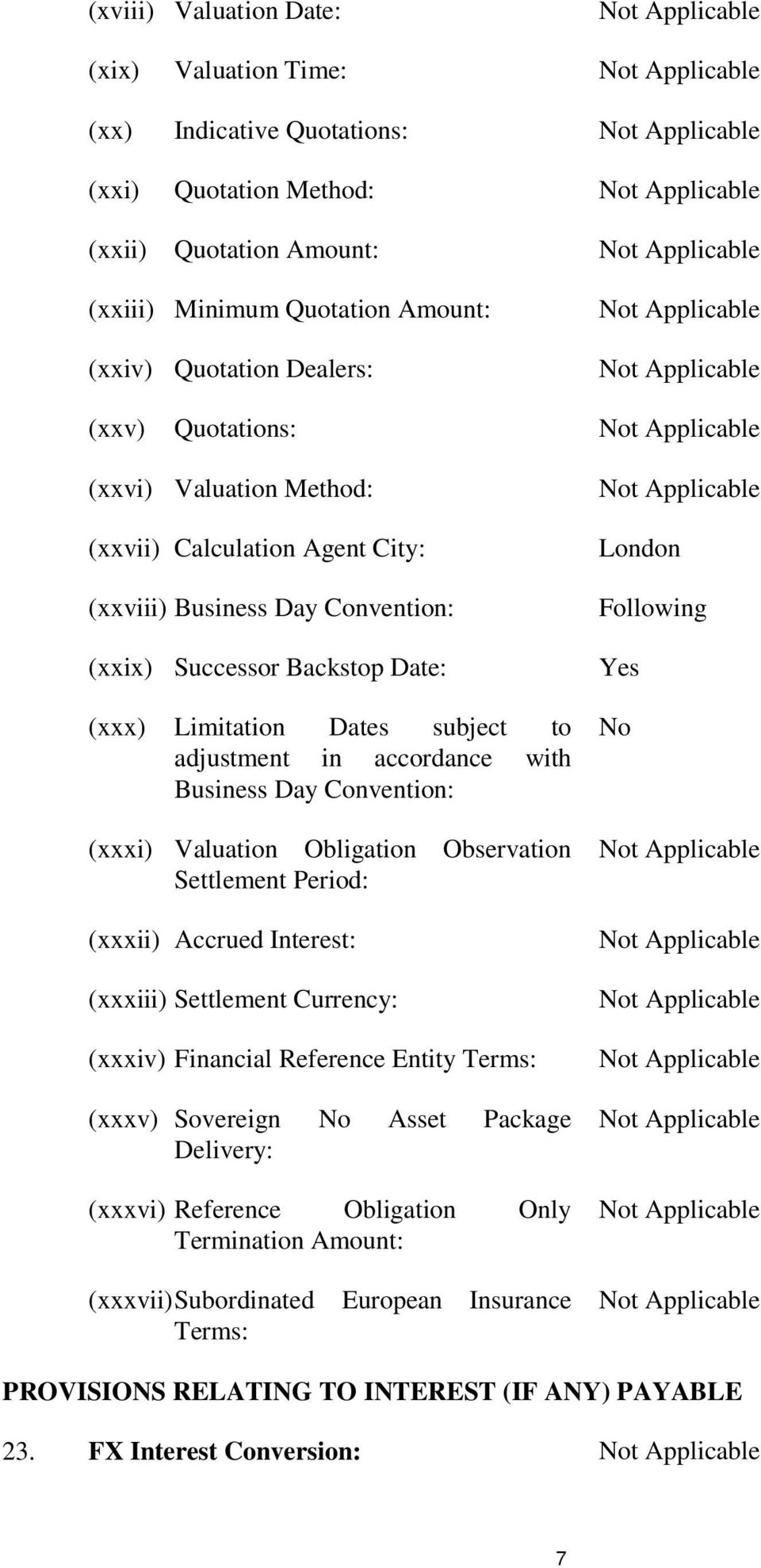 Business Day Convention: (xxxi) Valuation Obligation Observation Settlement Period: (xxxii) Accrued Interest: (xxxiii) Settlement Currency: (xxxiv) Financial Reference Entity Terms: (xxxv) Sovereign