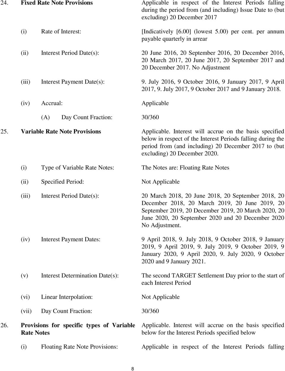 per annum payable quarterly in arrear (ii) Interest Period Date(s): 20 June 2016, 20 September 2016, 20 December 2016, 20 March 2017, 20 June 2017, 20 September 2017 and 20 December 2017.