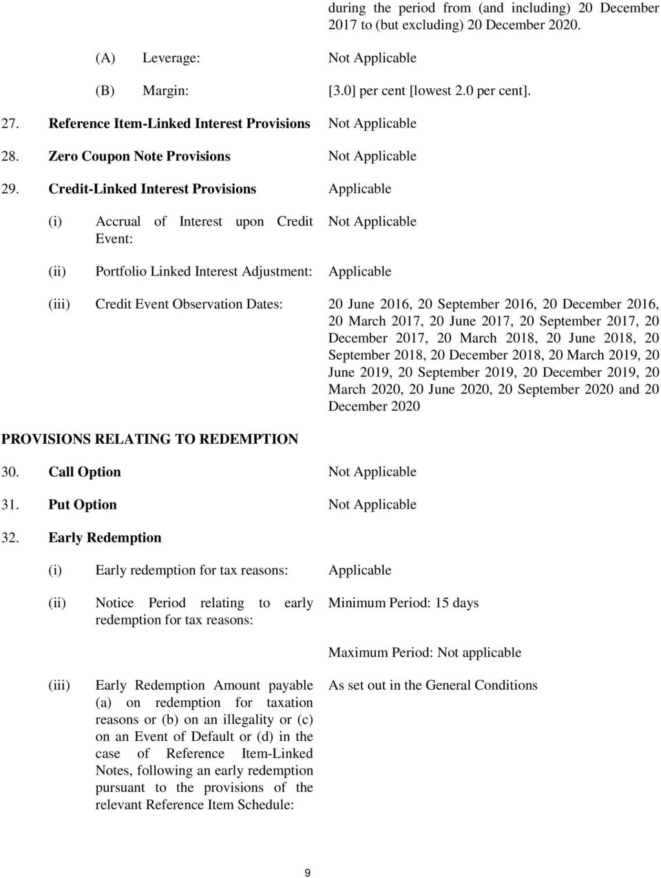 Credit-Linked Interest Provisions Applicable (i) Accrual of Interest upon Credit Event: (ii) Portfolio Linked Interest Adjustment: Applicable (iii) Credit Event Observation Dates: 20 June 2016, 20