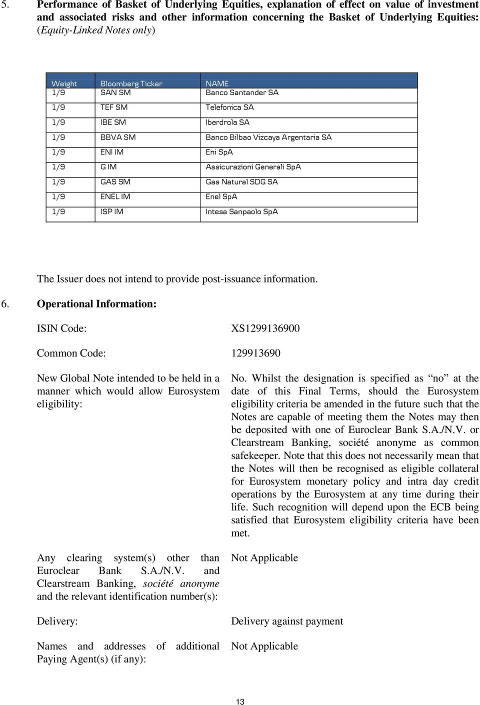 Assicurazioni Generali SpA 1/9 GAS SM Gas Natural SDG SA 1/9 ENEL IM Enel SpA 1/9 ISP IM Intesa Sanpaolo SpA The Issuer does not intend to provide post-issuance information. 6.