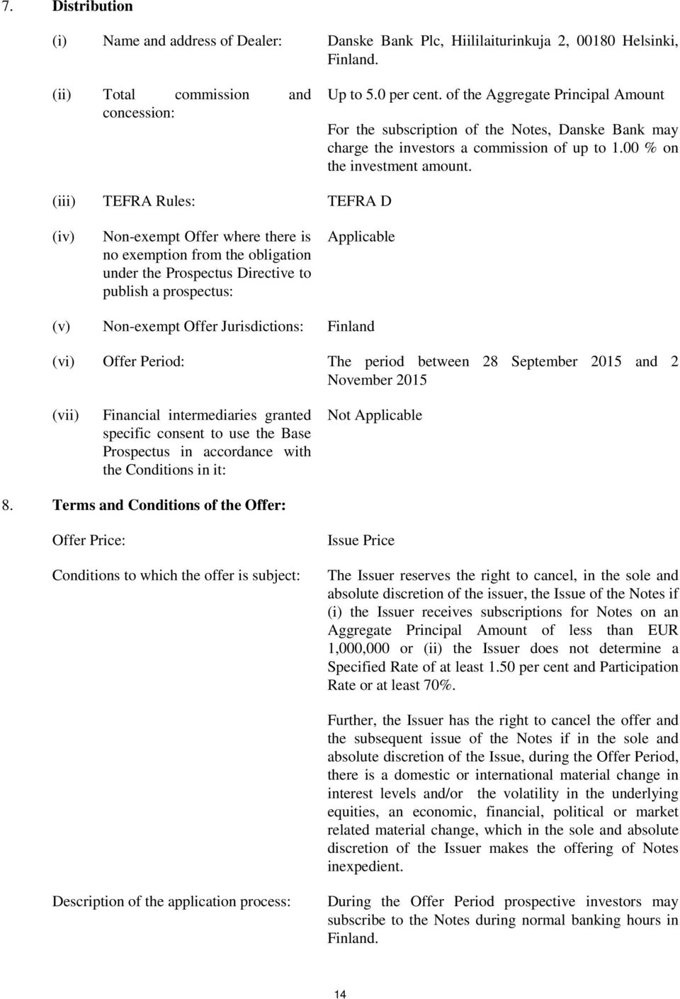 (iii) TEFRA Rules: TEFRA D (iv) Non-exempt Offer where there is no exemption from the obligation under the Prospectus Directive to publish a prospectus: Applicable (v) Non-exempt Offer Jurisdictions: