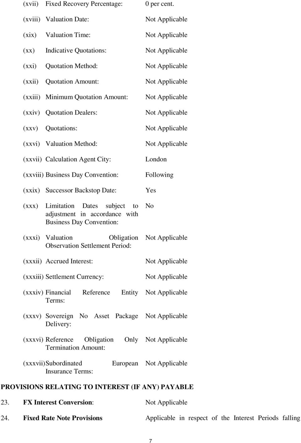 Quotations: (xxvi) Valuation Method: (xxvii) Calculation Agent City: (xxviii) Business Day Convention: (xxix) Successor Backstop Date: (xxx) Limitation Dates subject to adjustment in accordance with