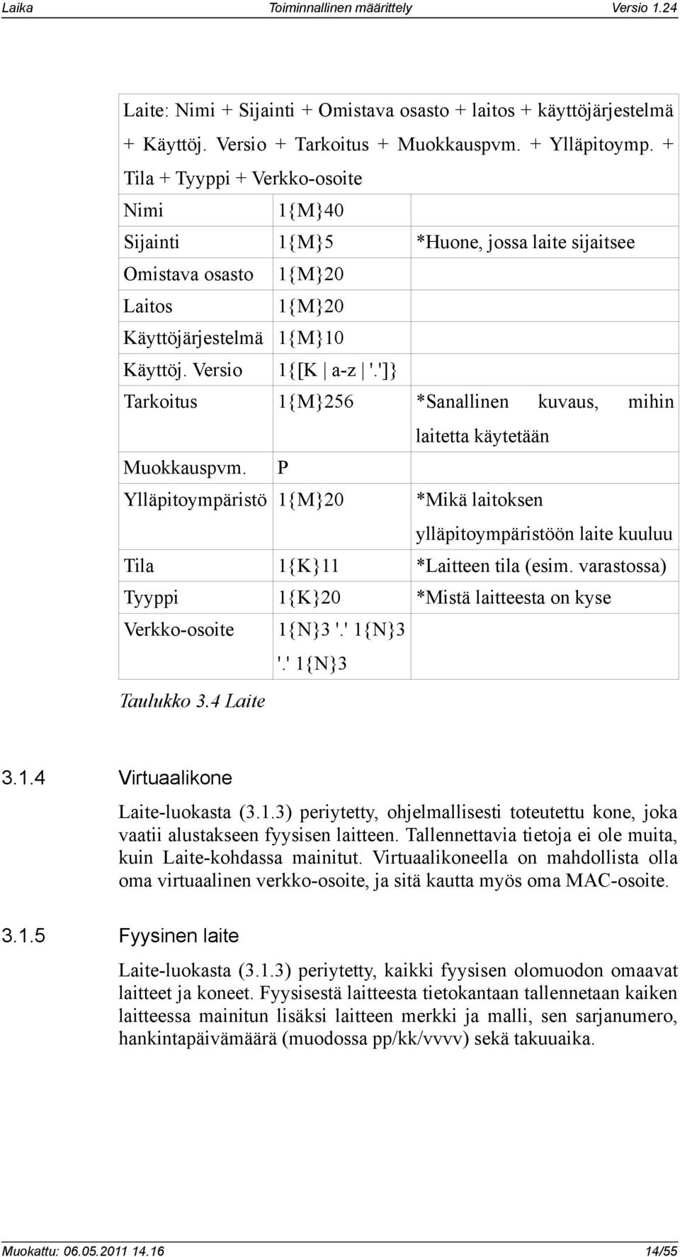 ']} Tarkoitus 1{M}256 *Sanallinen kuvaus, mihin laitetta käytetään Muokkauspvm. P Ylläpitoympäristö 1{M}20 *Mikä laitoksen ylläpitoympäristöön laite kuuluu Tila 1{K}11 *Laitteen tila (esim.