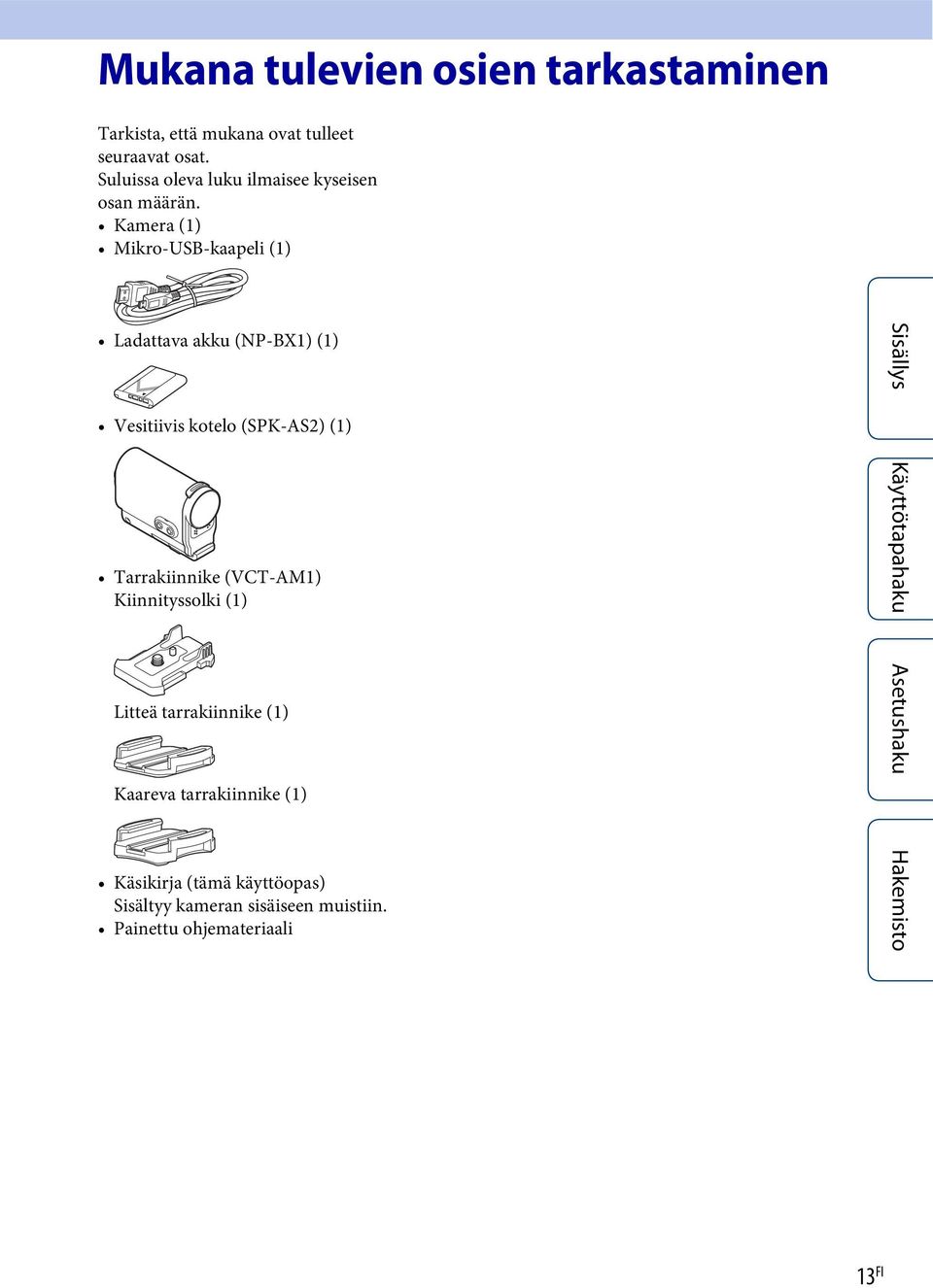 Kamera (1) Mikro-USB-kaapeli (1) Ladattava akku (NP-BX1) (1) Vesitiivis kotelo (SPK-AS2) (1)