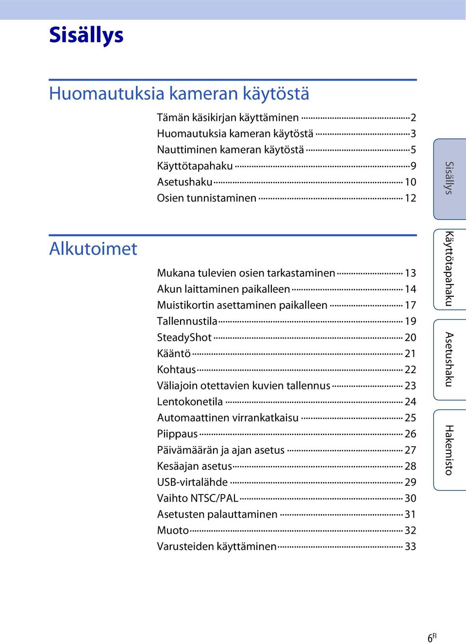 paikalleen 17 Tallennustila 19 SteadyShot 20 Kääntö 21 Kohtaus 22 Väliajoin otettavien kuvien tallennus 23 Lentokonetila 24 Automaattinen virrankatkaisu