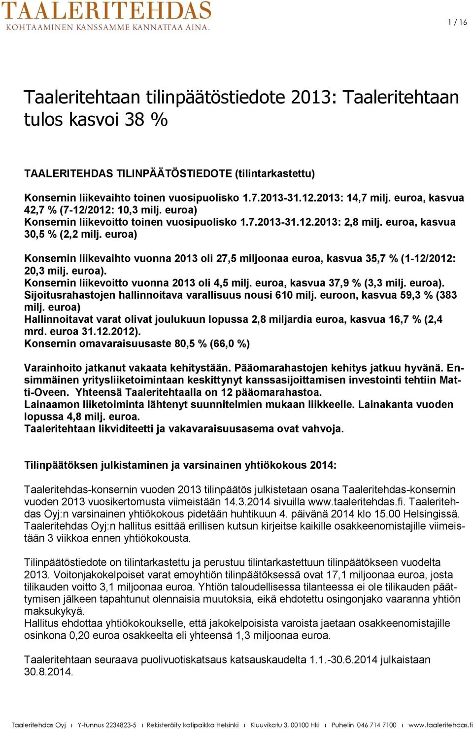 euroa) Konsernin liikevaihto vuonna 2013 oli 27,5 miljoonaa euroa, kasvua 35,7 % (1-12/2012: 20,3 milj. euroa). Konsernin liikevoitto vuonna 2013 oli 4,5 milj. euroa, kasvua 37,9 % (3,3 milj. euroa). Sijoitusrahastojen hallinnoitava varallisuus nousi 610 milj.