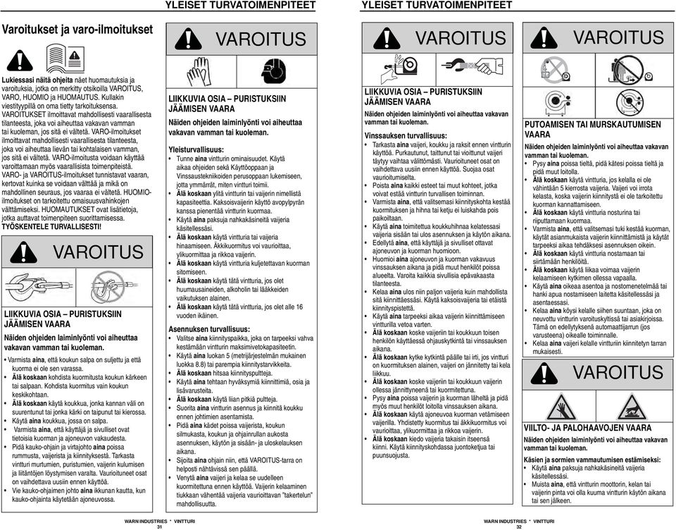 VARO-ilmoitukset ilmoittavat mahdollisesti vaarallisesta tilanteesta, joka voi aiheuttaa lievän tai kohtalaisen vamman, jos sitä ei vältetä.