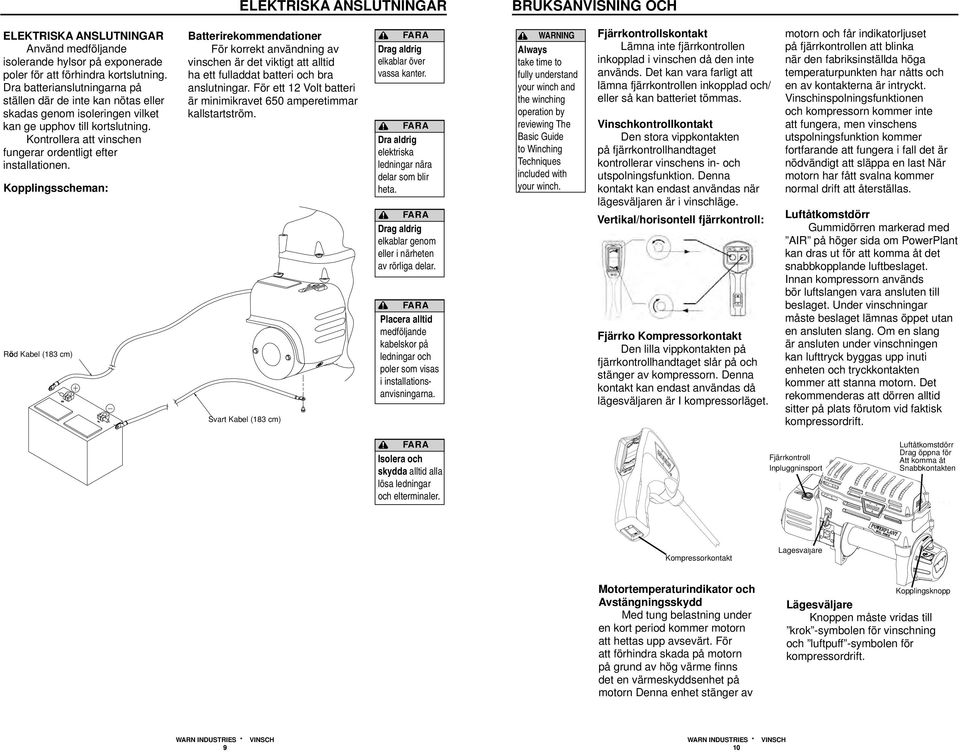 Kopplingsscheman: Röd Kabel (183 cm) Batterirekommendationer För korrekt användning av vinschen är det viktigt att alltid ha ett fulladdat batteri och bra anslutningar.