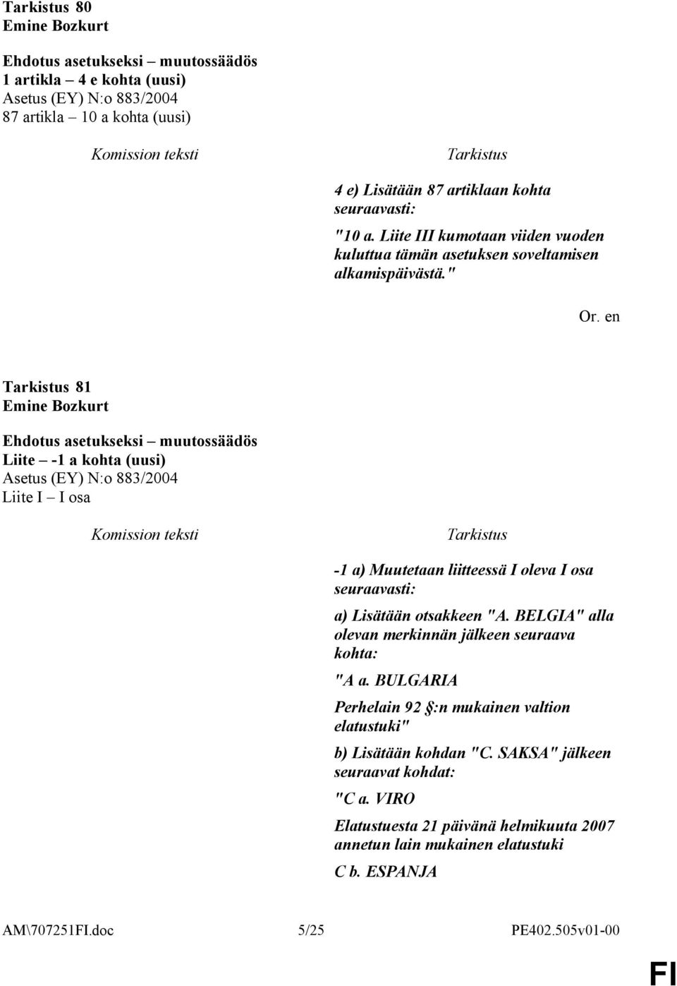 en Tarkistus 81 Emine Bozkurt Ehdotus asetukseksi muutossäädös Liite -1 a kohta (uusi) Asetus (EY) N:o 883/2004 Liite I I osa Komission teksti Tarkistus -1 a) Muutetaan liitteessä I oleva I osa