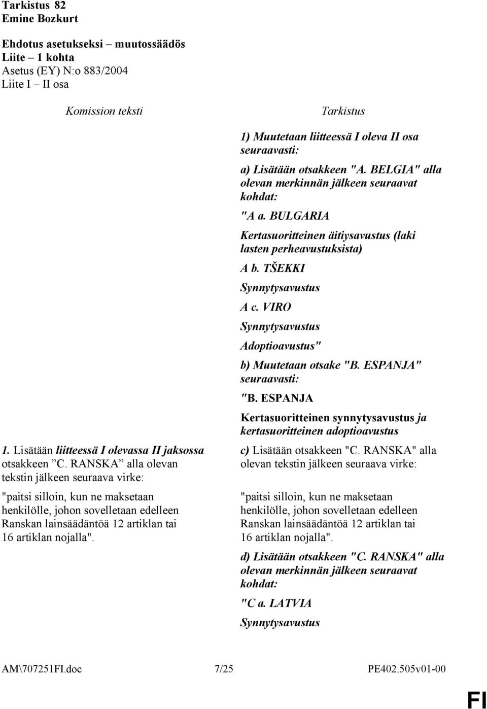 Tarkistus 1) Muutetaan liitteessä I oleva II osa seuraavasti: a) Lisätään otsakkeen "A. BELGIA" alla olevan merkinnän jälkeen seuraavat kohdat: "A a.