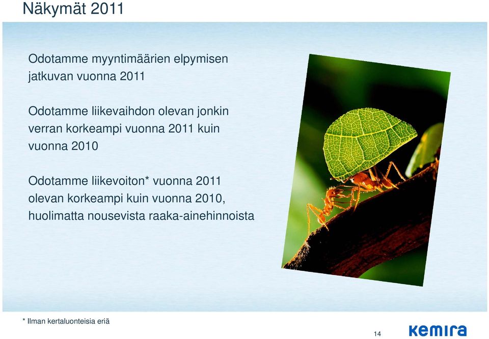 vuonna 2010 Odotamme liikevoiton* vuonna 2011 olevan korkeampi kuin