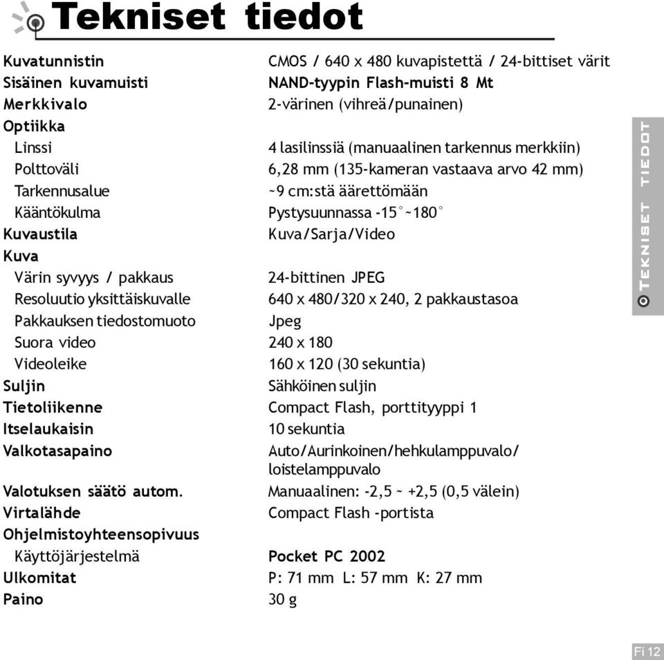 Kuva Värin syvyys / pakkaus 24-bittinen JPEG Resoluutio yksittäiskuvalle 640 x 480/320 x 240, 2 pakkaustasoa Pakkauksen tiedostomuoto Jpeg Suora video 240 x 180 Videoleike 160 x 120 (30 sekuntia)