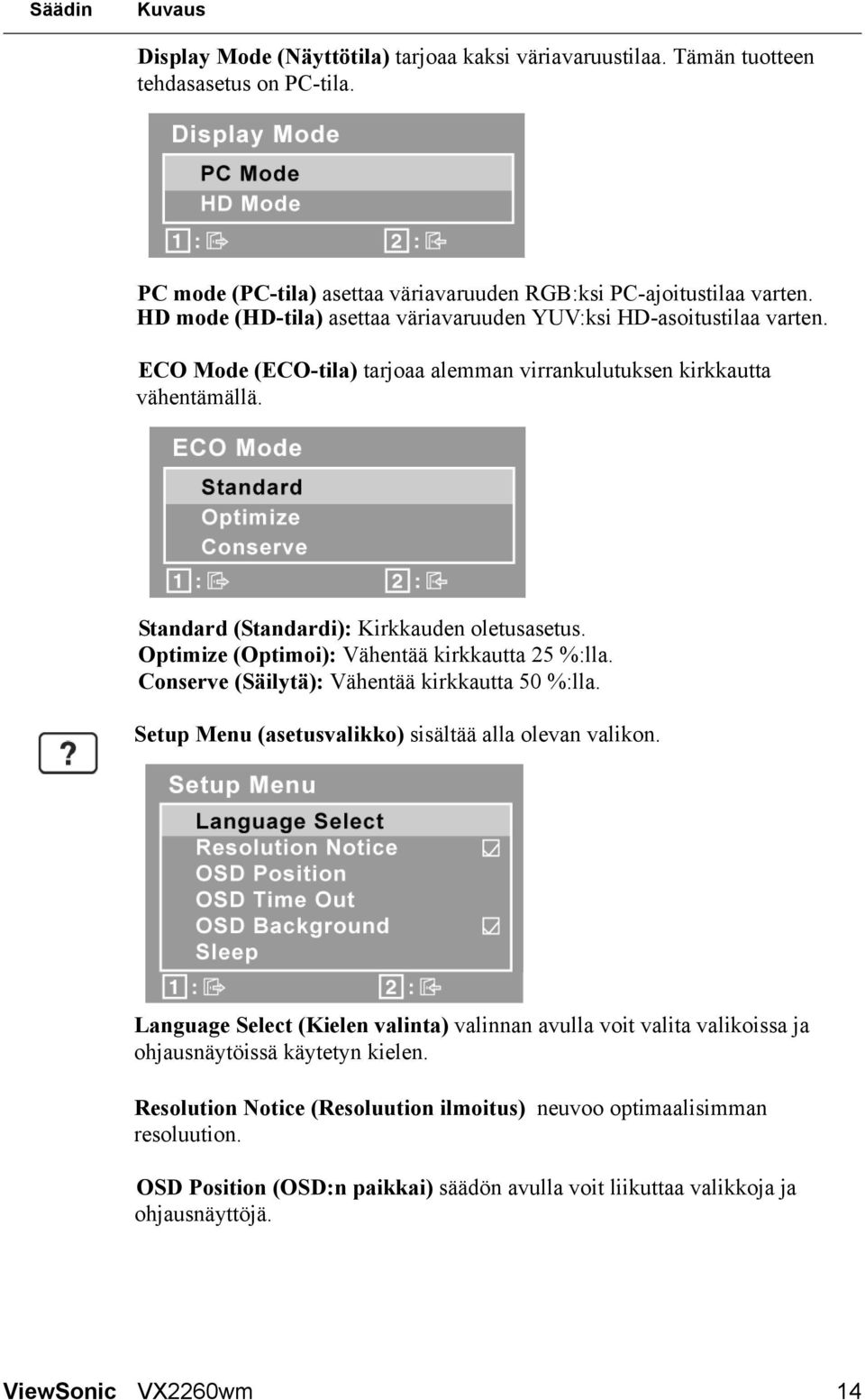 Optimize (Optimoi): Vähentää kirkkautta 25 %:lla. Conserve (Säilytä): Vähentää kirkkautta 50 %:lla. Setup Menu (asetusvalikko) sisältää alla olevan valikon.