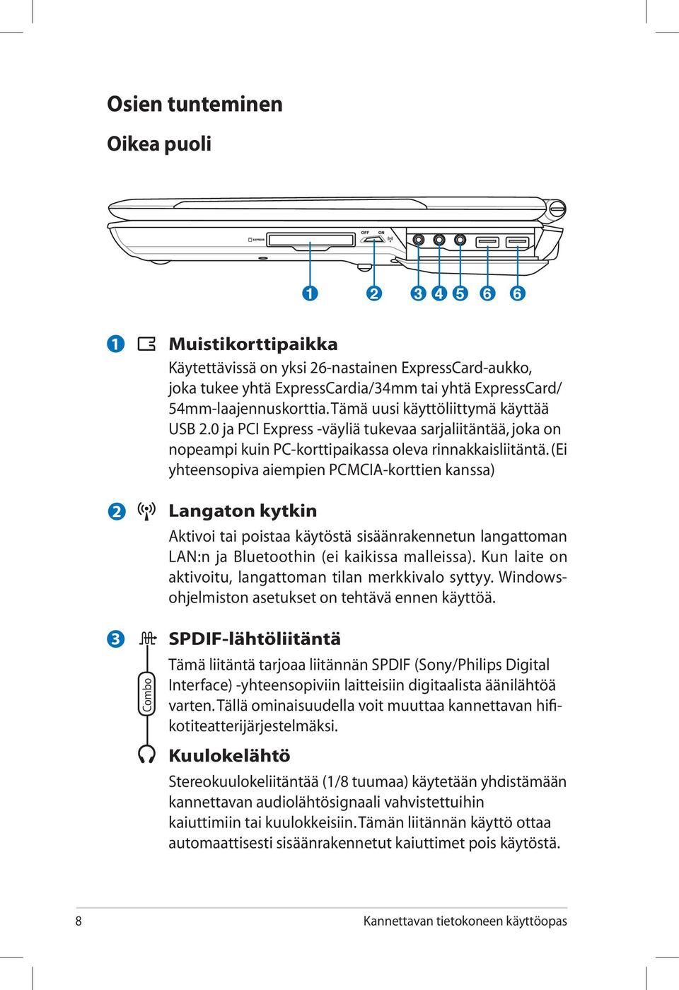 (Ei yhteensopiva aiempien PCMCIA-korttien kanssa) Langaton kytkin Aktivoi tai poistaa käytöstä sisäänrakennetun langattoman LAN:n ja Bluetoothin (ei kaikissa malleissa).