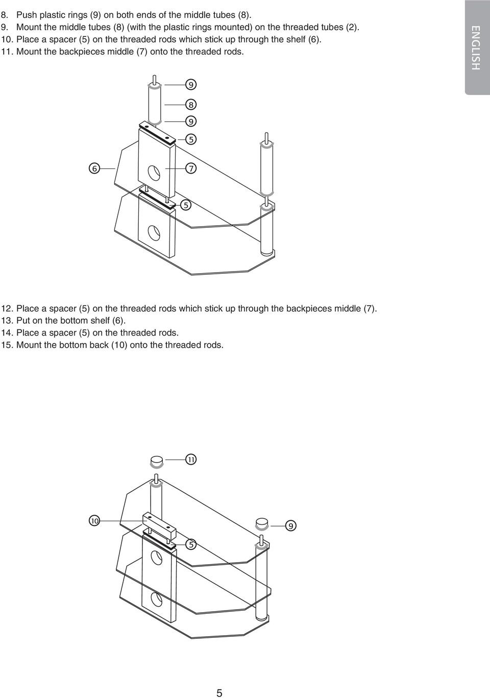 Place a spacer () on the threaded rods which stick up through the shelf (6). 11.