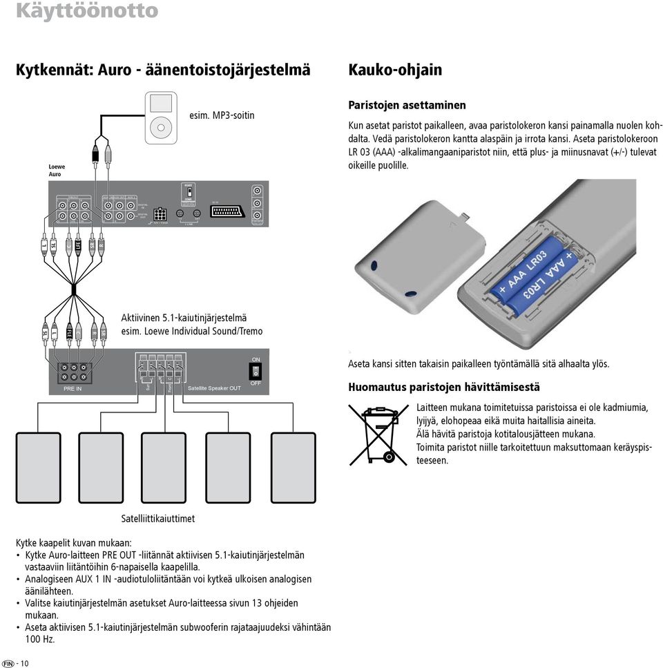 Aseta paristolokeroon LR 03 (AAA) -alkalimangaaniparistot niin, että plus- ja miinusnavat (+/-) tulevat oikeille puolille.