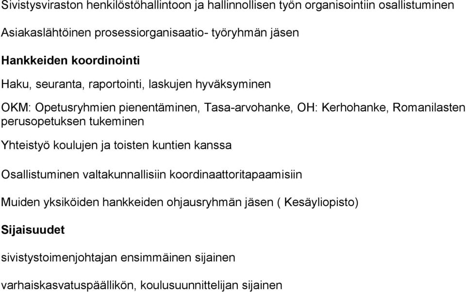 Romanilasten perusopetuksen tukeminen Yhteistyö koulujen ja toisten kuntien kanssa Osallistuminen valtakunnallisiin koordinaattoritapaamisiin Muiden