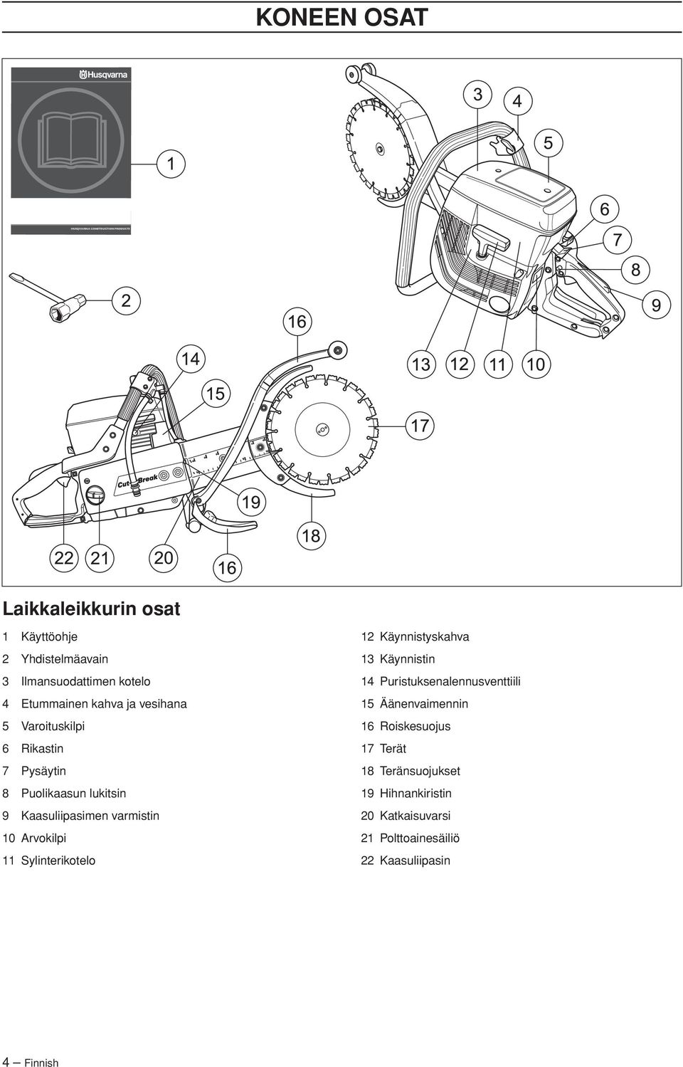 varmistin 10 Arvokilpi 11 Sylinterikotelo 12 Käynnistyskahva 13 Käynnistin 14 Puristuksenalennusventtiili 15