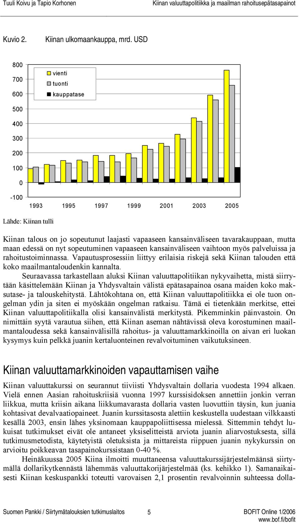 nyt sopeutuminen vapaaseen kansainväliseen vaihtoon myös palveluissa ja rahoitustoiminnassa. Vapautusprosessiin liittyy erilaisia riskejä sekä Kiinan talouden että koko maailmantaloudenkin kannalta.