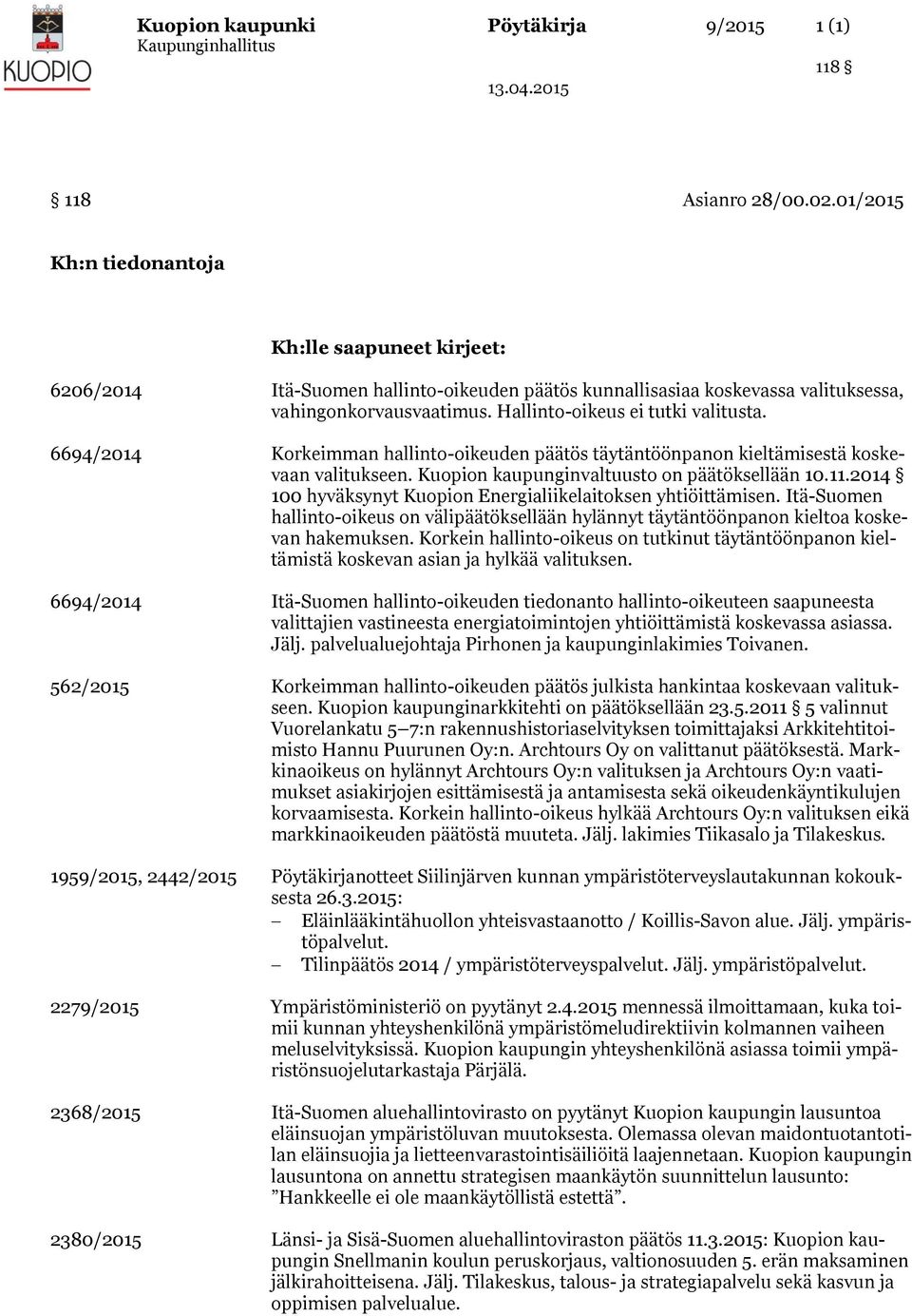 6694/2014 Korkeimman hallinto-oikeuden päätös täytäntöönpanon kieltämisestä koskevaan valitukseen. Kuopion kaupunginvaltuusto on päätöksellään 10.11.