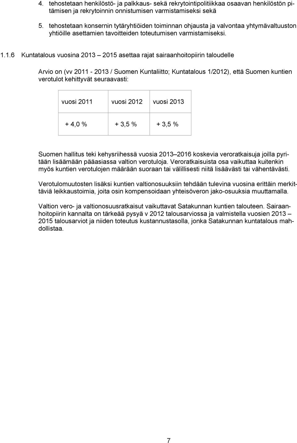 1.6 Kuntatalous vuosina 2013 2015 asettaa rajat sairaanhoitopiirin taloudelle Arvio on (vv 2011-2013 / Suomen Kuntaliitto; Kuntatalous 1/2012), että Suomen kuntien verotulot kehittyvät seuraavasti: